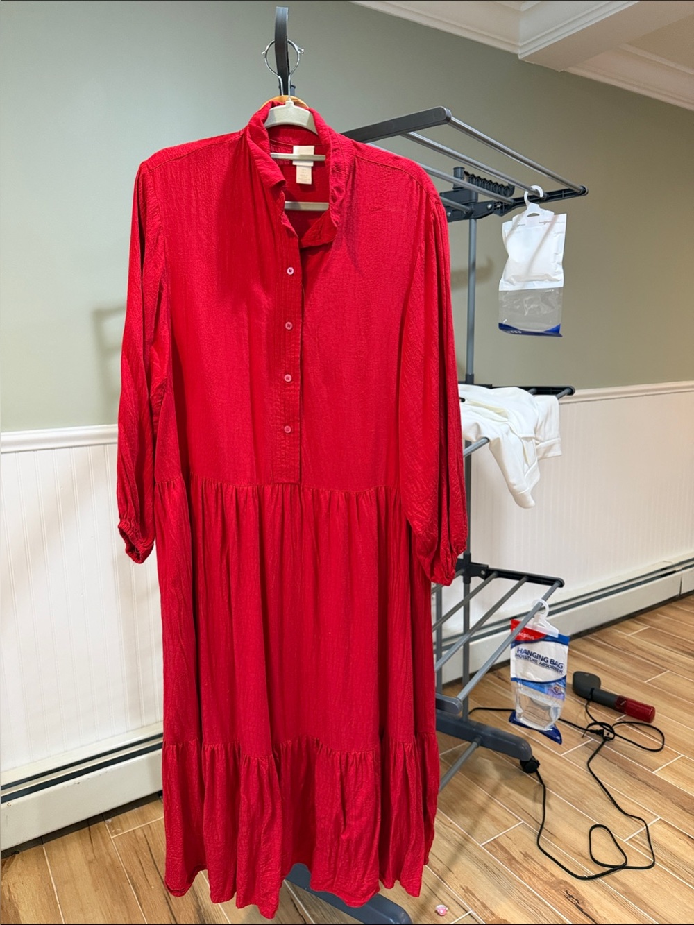 H&M Red Button-Up Tiered Maxi Dress